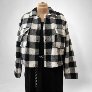 LOVE, FIRE Black and White Buffalo Plaid Shearling Jacket NWT, Size 3X